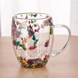 Dried Flowers Insulated Double Wall Glass Cup Coffee Cup
