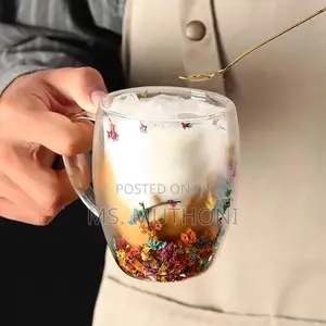 Dried Flowers Insulated Double Wall Glass Cup Coffee Cup