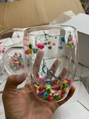 Dried Flowers Insulated Double Wall Glass Cup Coffee Cup
