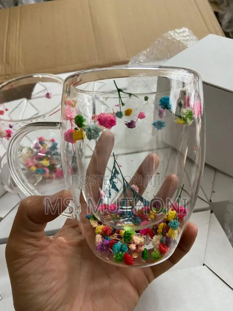 Dried Flowers Insulated Double Wall Glass Cup Coffee Cup
