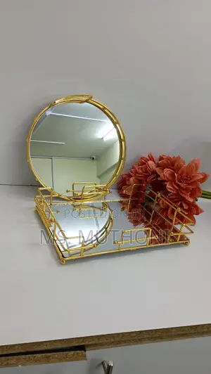 Round and Rectangular Mirror Tray With Golden Handles