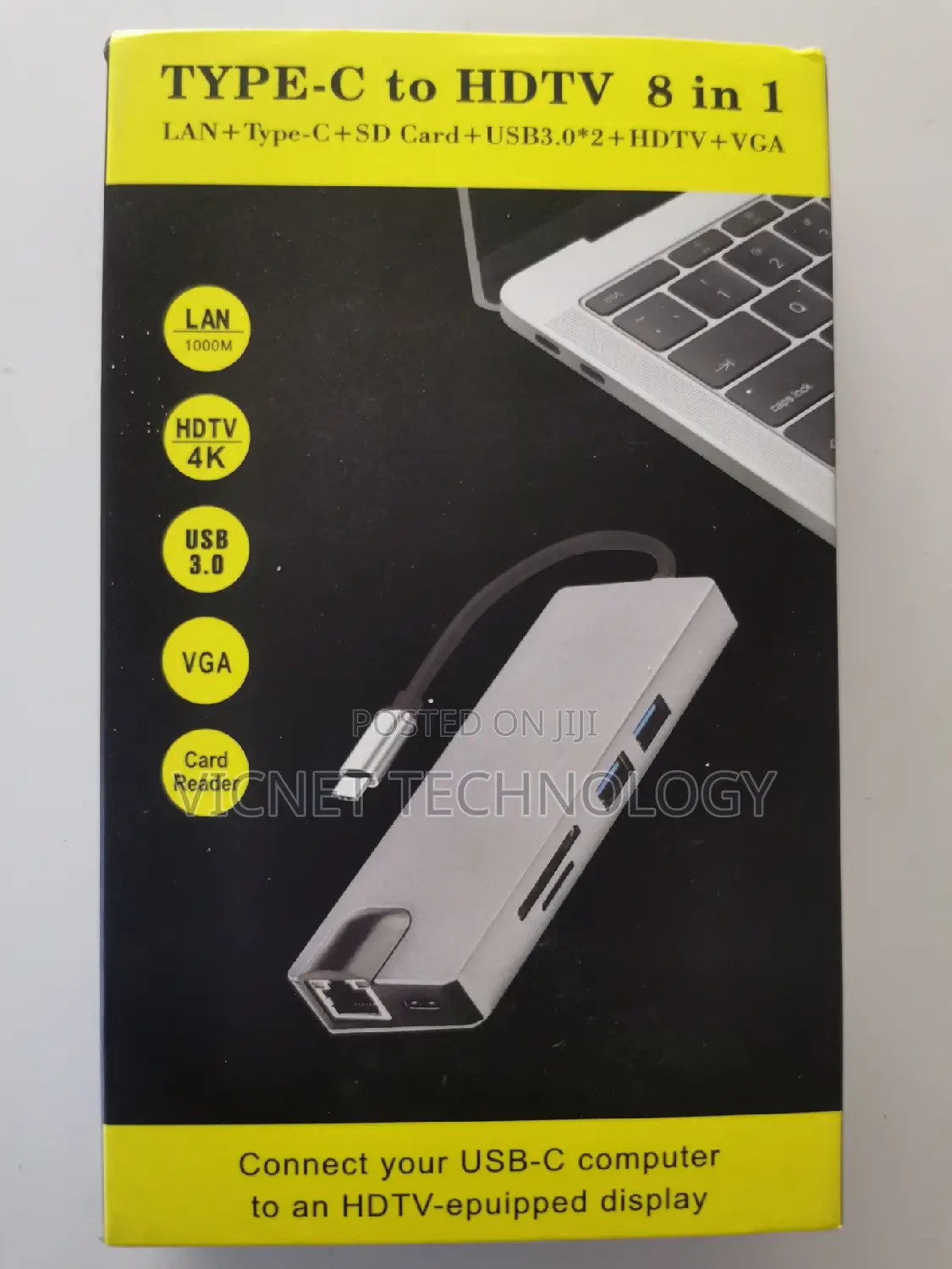 8 in 1 Type C Usb Hub With Hdmi, Vga, Usb 3.0, Lan, Sd, Pd