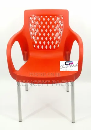 Red Strong Garden Plastic Chair With Metallic Legs.