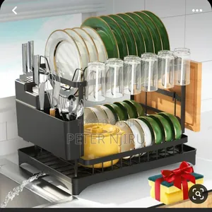 2 Tier Dish Drying Rack Black With Drain Board