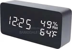 Wooden Digital Alarm Clock LED Bedside Black Electronic Temp
