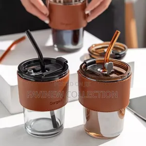 450ml Glass Tumbler/Cup With Straw and Leather Sleeve