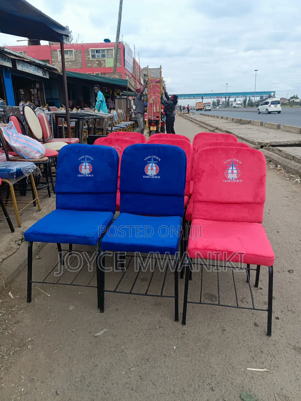 Church Chairs, Red and Blue With Logo