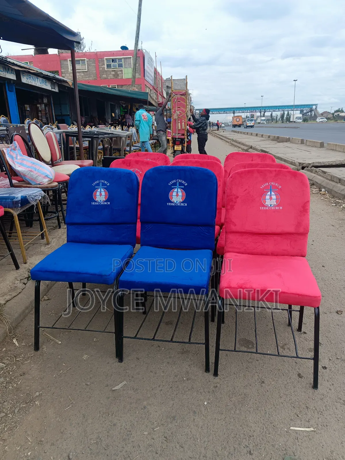Church Chairs, Red and Blue With Logo