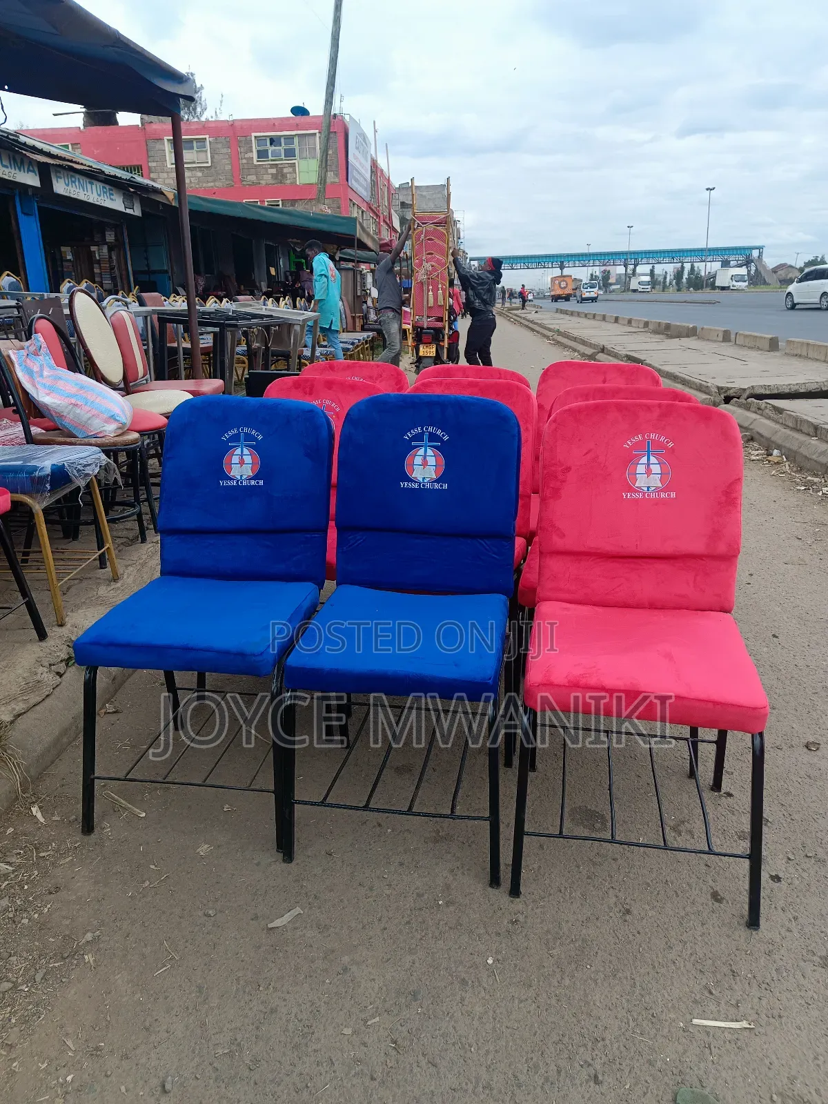 Church Chairs, Red and Blue With Logo