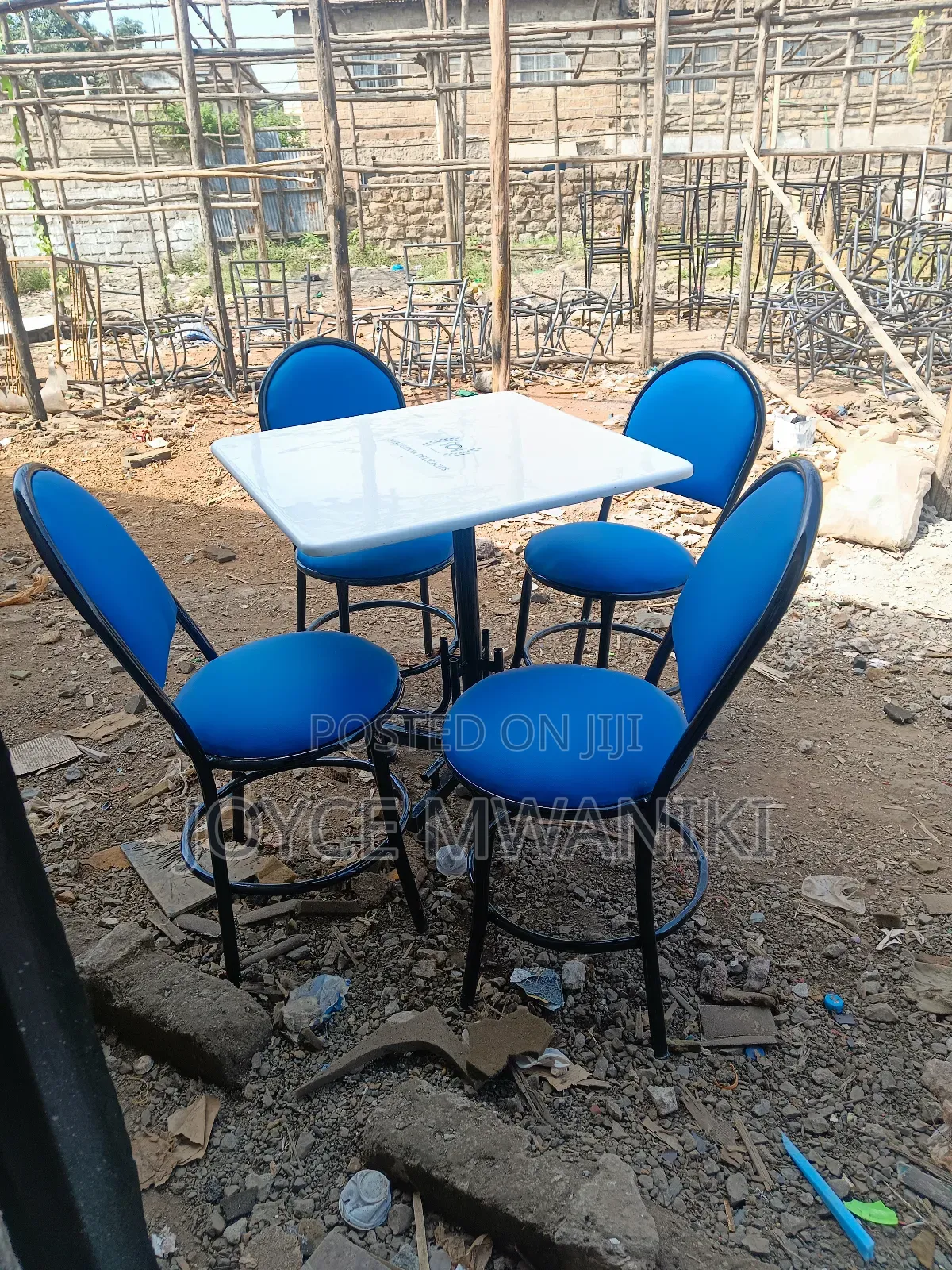 Restaurant Set, Blue Chair and White Square Table.