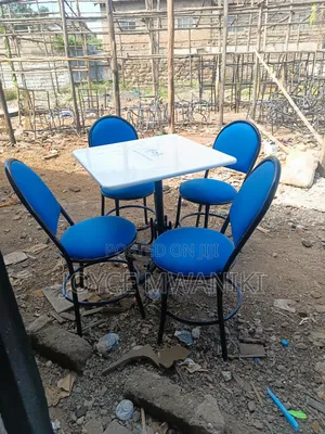 Restaurant Set, Blue Chair and White Square Table.
