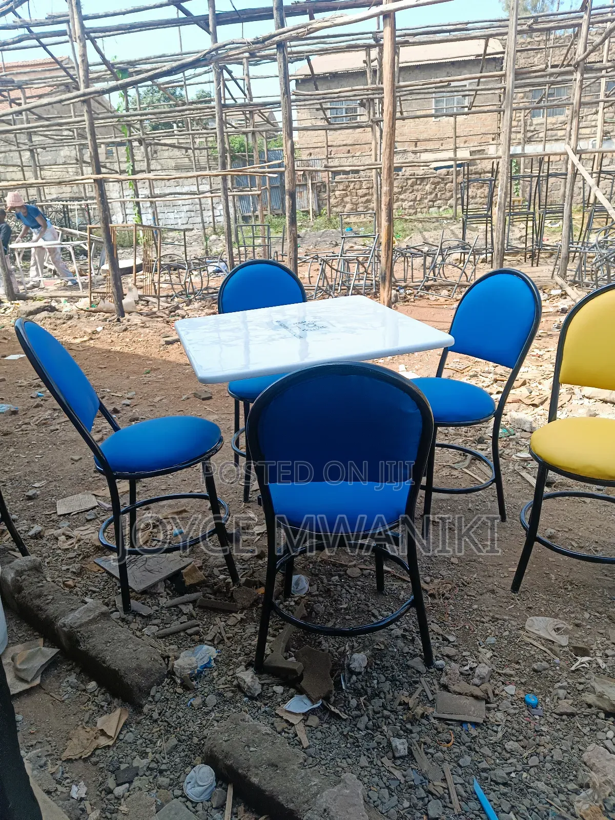 Restaurant Set, Blue Chair and White Square Table.