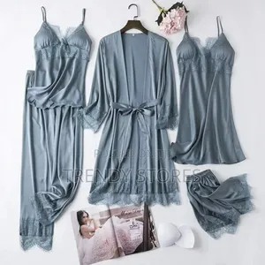 Gray 5pc Silk Pajama Set