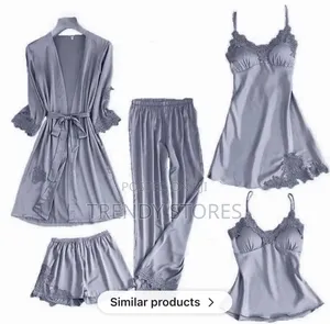 Gray 5pc Silk Pajama Set