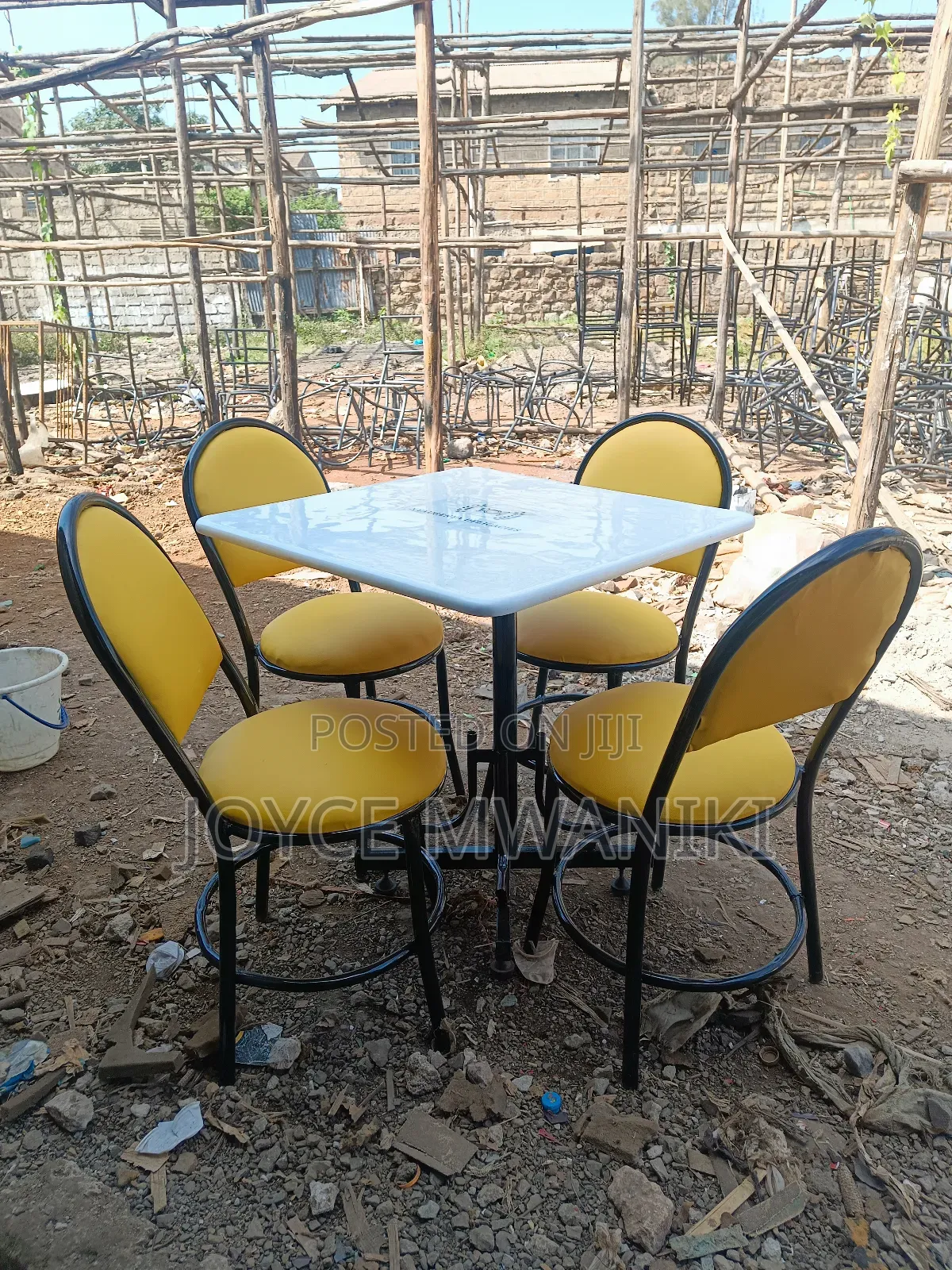 Restaurant Set, Yellow Chairs and White Square Marble Table.
