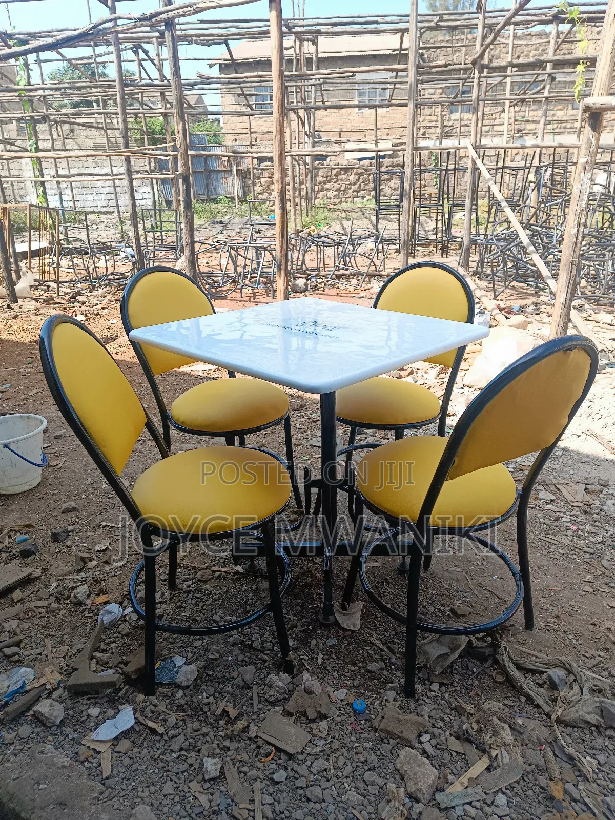 Restaurant Set, Yellow Chairs and White Square Marble Table.