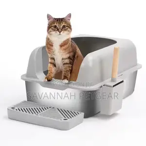 Semi-Enclosed Stainless Steel Cat Litter Box + Scoop + Paw