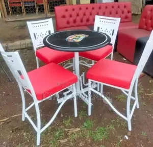 Restaurant Set, Powder Coated White With Red Chairs.