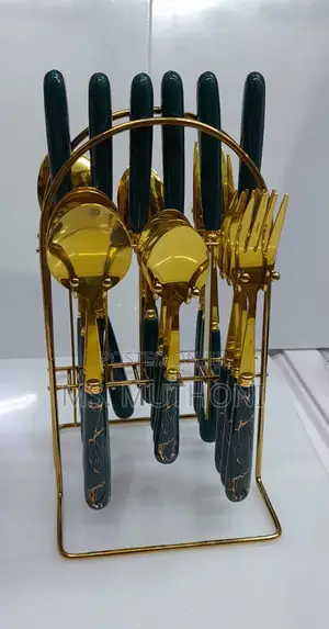 24pcs Gold / Marble Dining Cutlery Set With Stand
