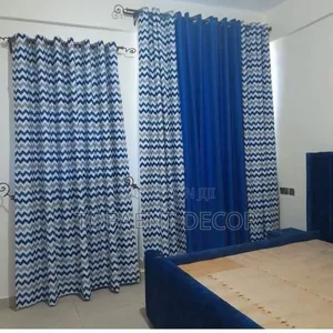 Blue Plain and Patterned House Window Curtains