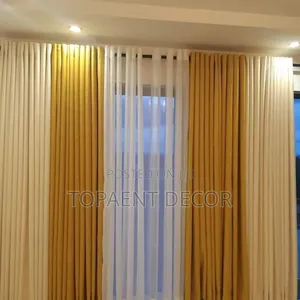 Yellow and Cream Window Curtains and Plain White Sheer