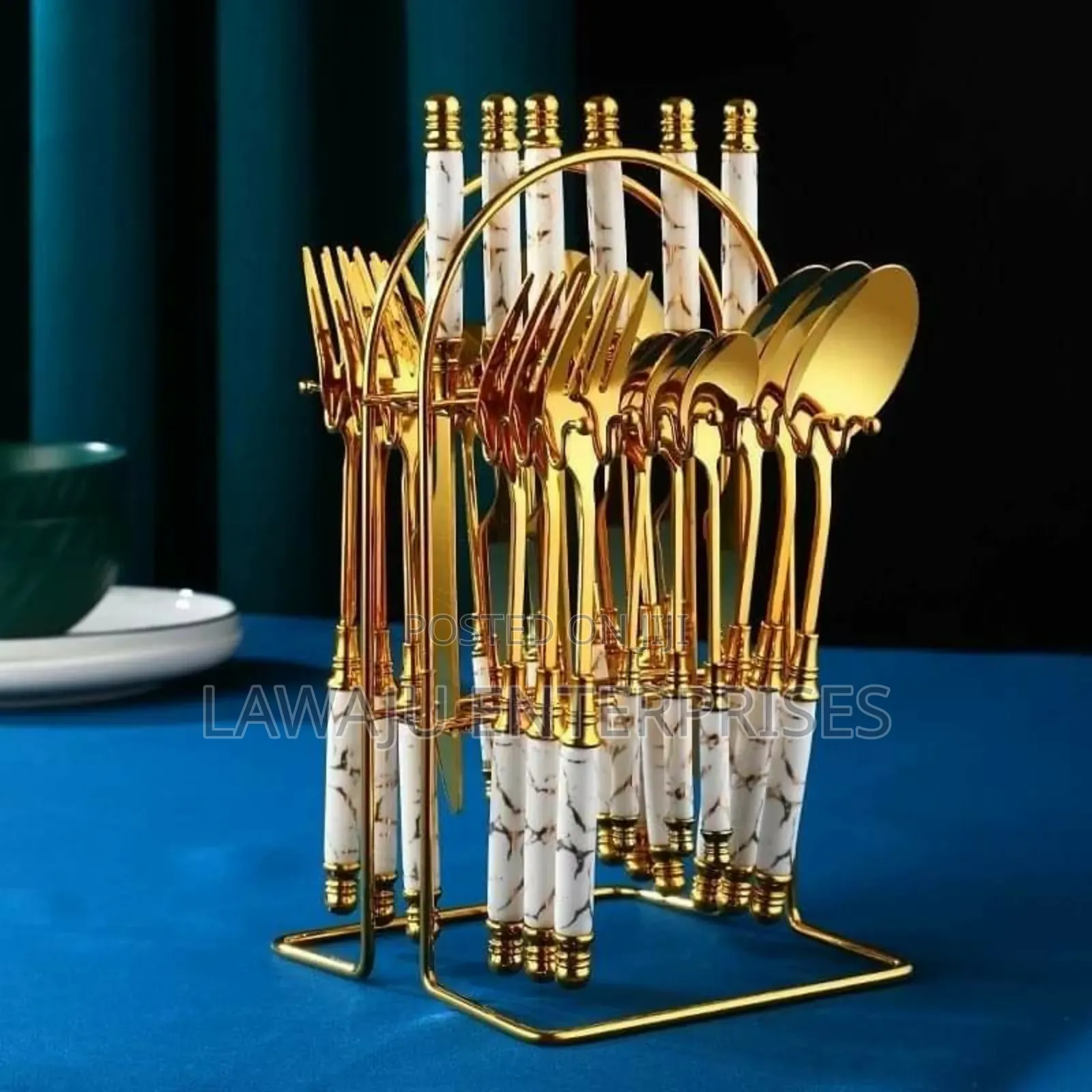 24pcs White Golden Marble Cutlery Set
