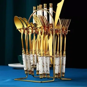 24 PCS White Marble Cutlery Set