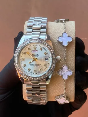 Silver Iced Rolex Watch and Bracelet