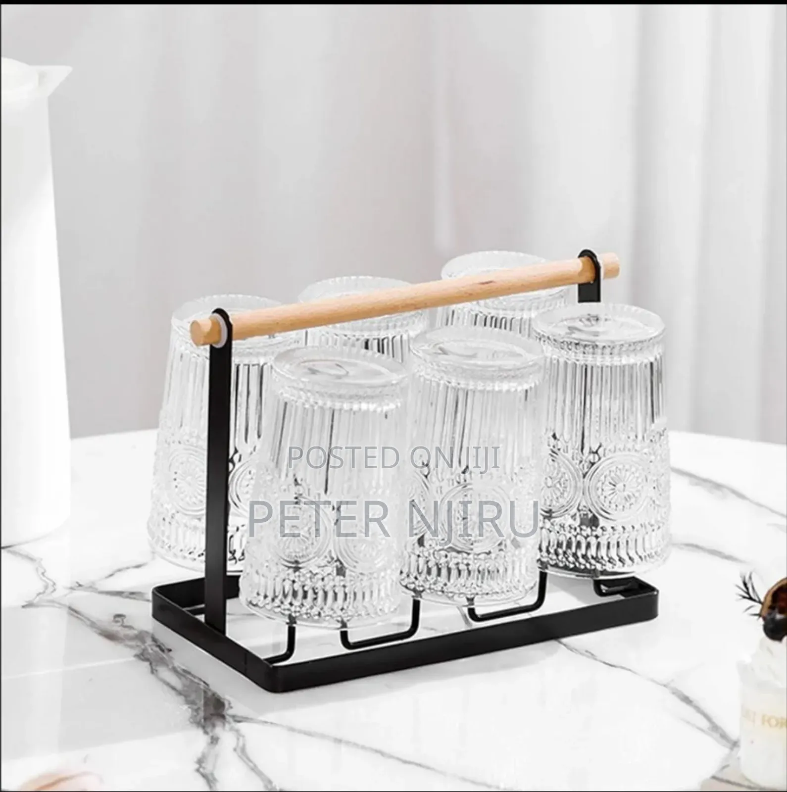 Metallic Glass/Cup Holder. Metal+Bamboo With Draining Tray