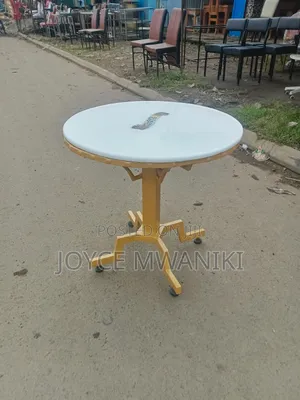 Powder Coated Round Restaurant Table With Logo, White, Gold.