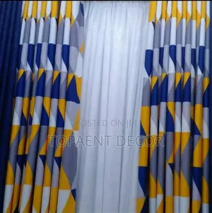 Patterned Blue, Grey, Yellow and White Window Curtains