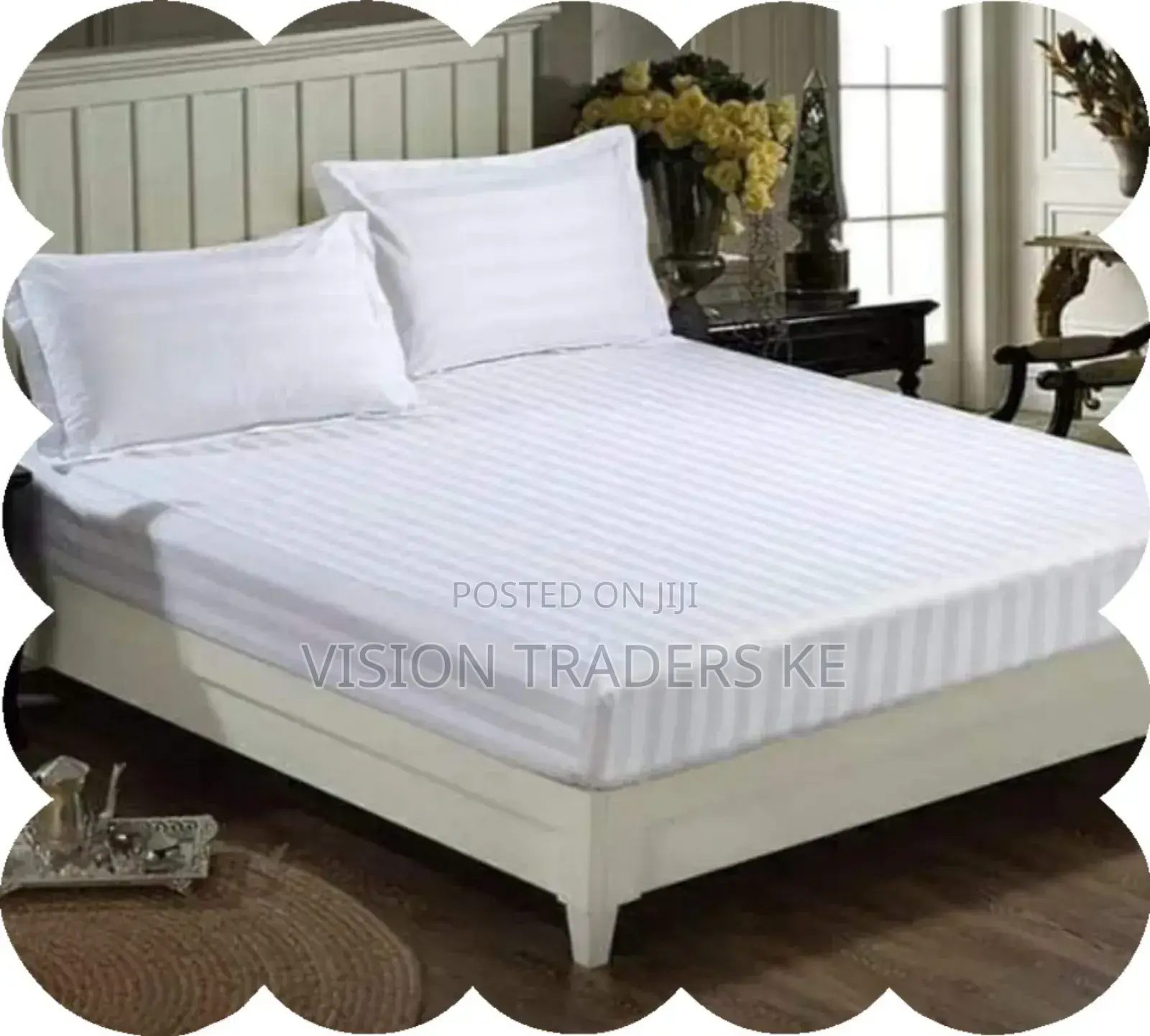 White High Quality 4pcs Stripped Bedsheets
 *Size 6*6 / 6*7