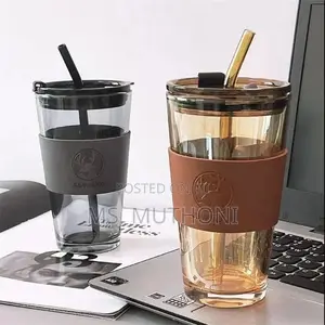 *Glass Tumbler/Cup With Straw Leather Protective Sleeve