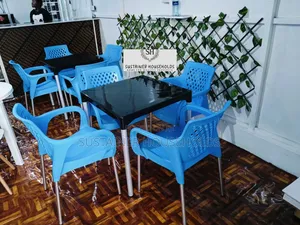 Restaurant Plastic Chairs and a Table Set, Blue and Black