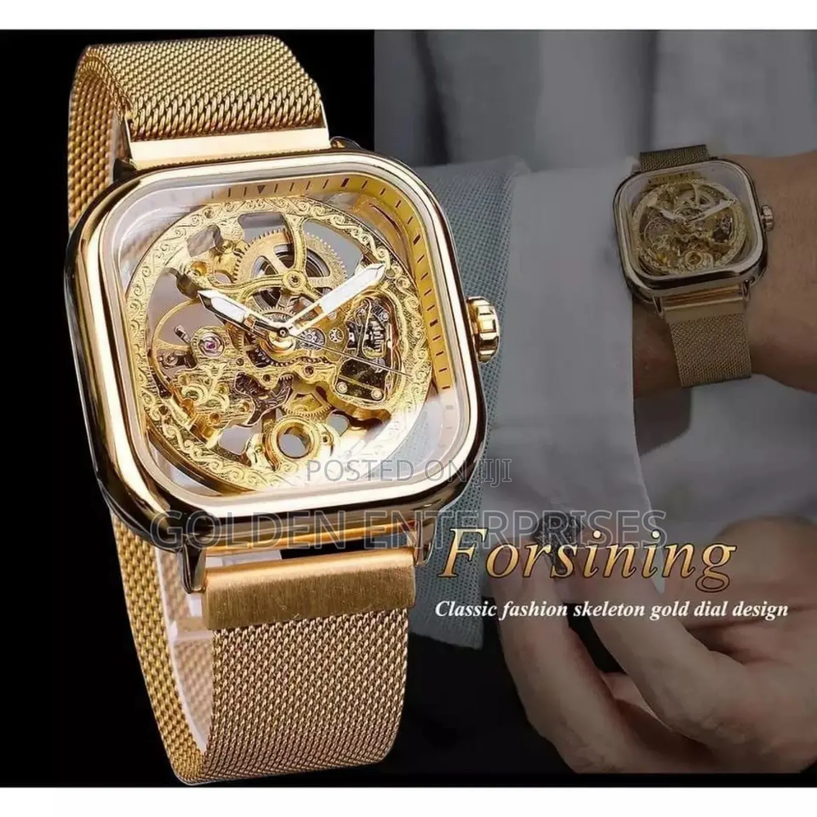 Gold Automatic Forsining Mesh Strap Mens Watch