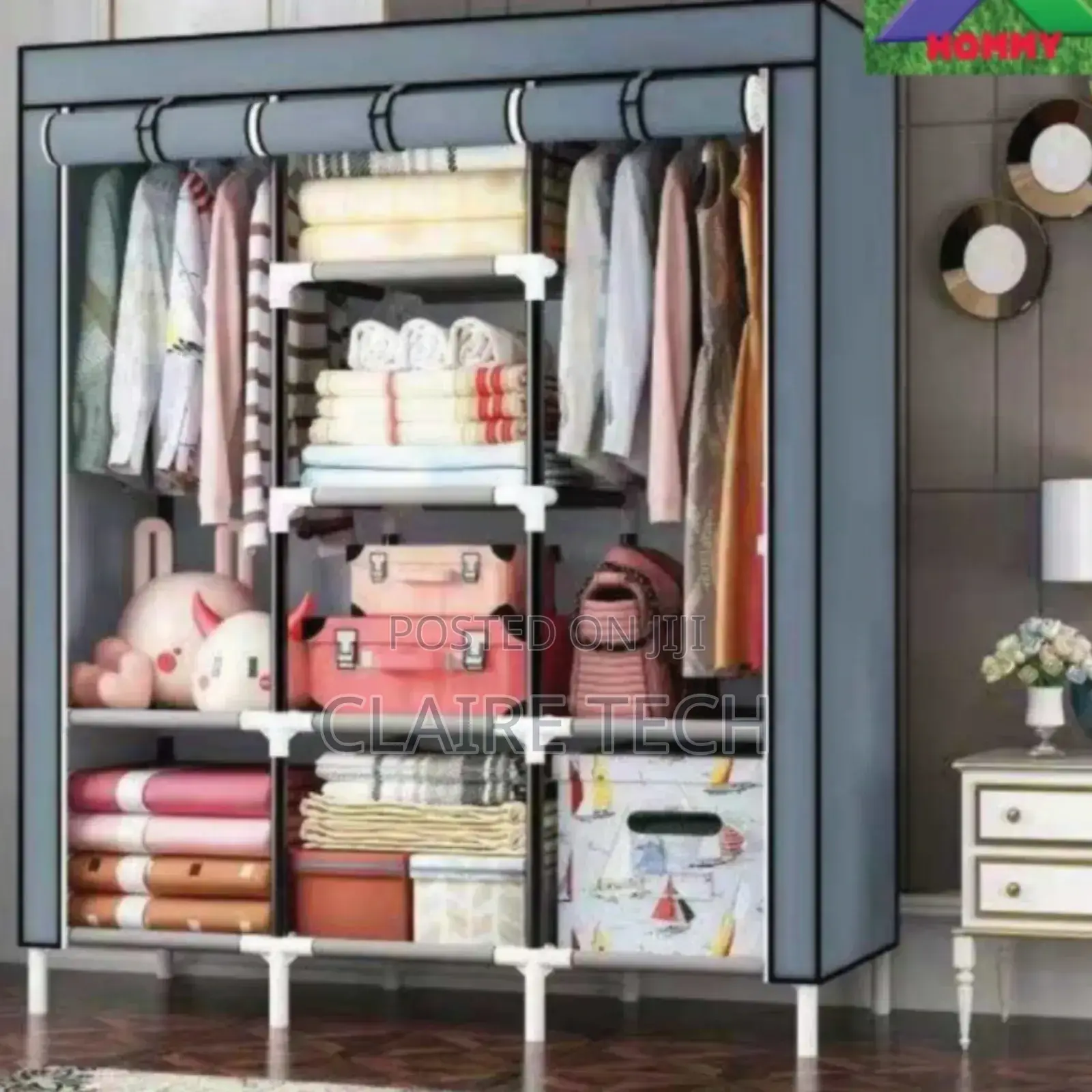 Grey 3 Column Portable Wooden Wardrobe
