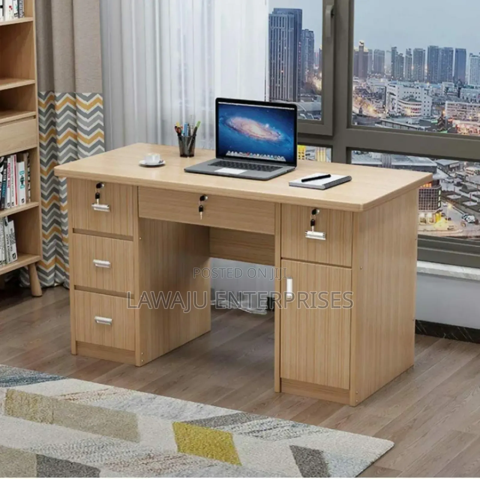 Brown Computer Desk With Lockable Drawers