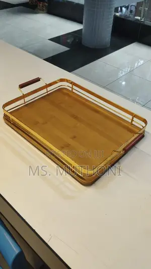 Wooden Tray With Metallic Gold Handles