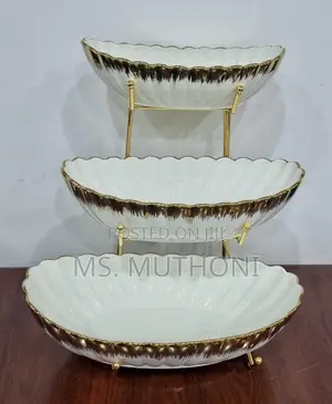 *jd8580-Ls Set of 3 Ceramic Fruit Bowls on Gold Metal Rack