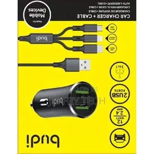 Budi 3 in 1 Car Charger - Fast Charging , 2 USB Ports