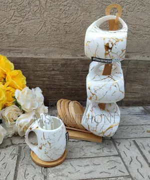 *Classy Cup Saucer Set* White Marble Cup With Bamboo Stand