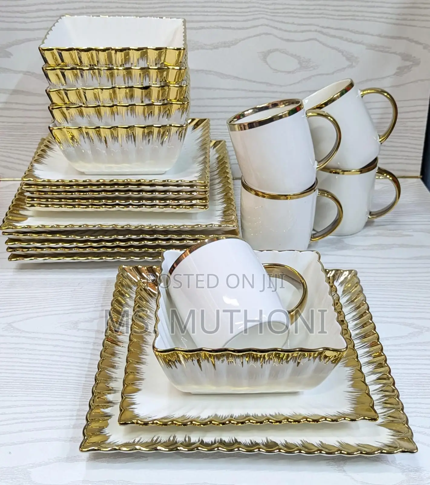 24pcs Ceramic Squared Dinner Set With Gold Rim