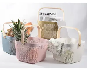 Portable Storage Basket With Mesh Wooden Handle*