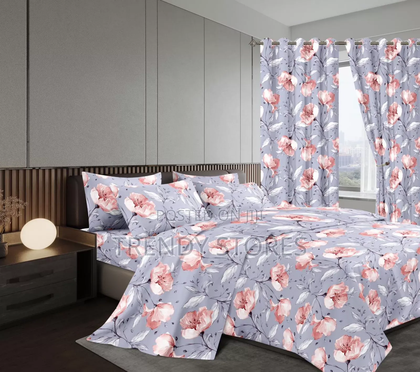 7pc Grey Flowered Duvet Set With Curtains