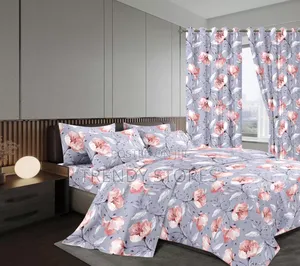 7pc Grey Flowered Duvet Set With Curtains