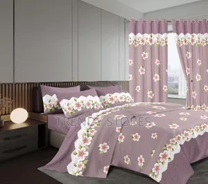 Pink 7 Pc Cotton Duvet Set With Curtains