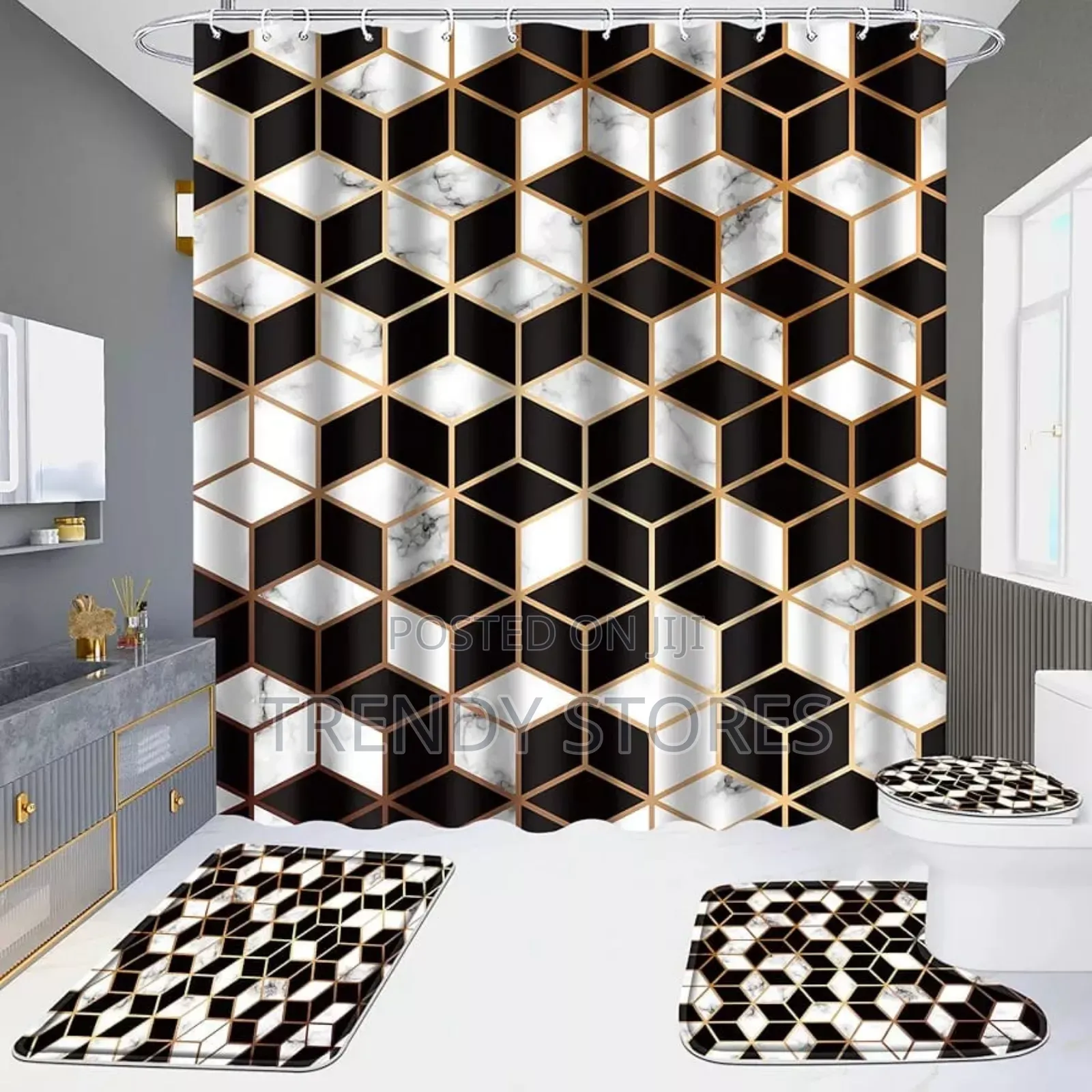 Black Grey 4 In 1 Shower Curtain Set