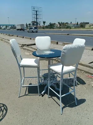 Powder Coated Set of White Bar High Chairs and a Table 