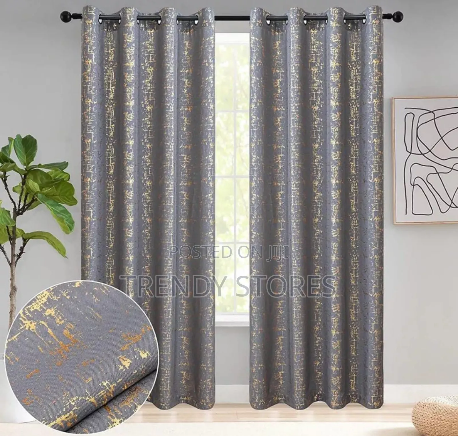 3 PC Grey With Golden Patches Curtain