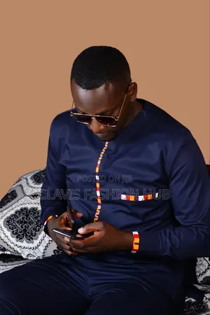 Navy Blue Shirt For Men With Kitenge Decor